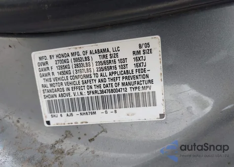 2006 Honda Odyssey Ex z USA, uszkodzony, nr VIN 5FNRL38476B004712